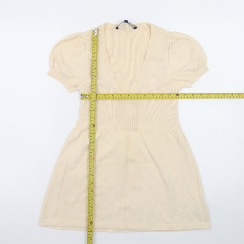 French Connection Women Beige Short Cotton Fit & Flare Dress M