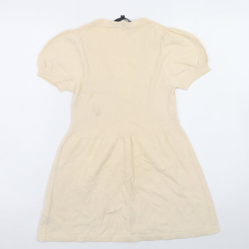 French Connection Women Beige Short Cotton Fit & Flare Dress M
