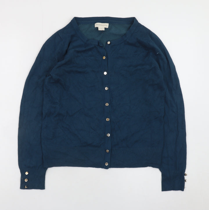 Monsoon Women Blue Cardigan Size 8 Crew Neck Long Sleeve Knit
