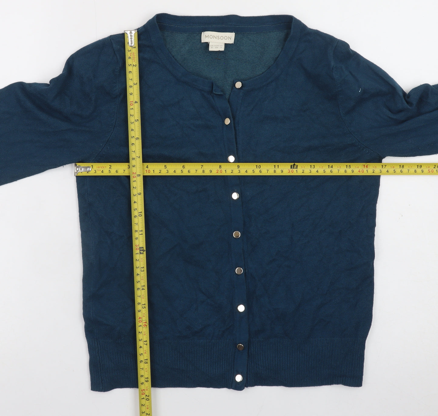 Monsoon Women Blue Cardigan Size 8 Crew Neck Long Sleeve Knit