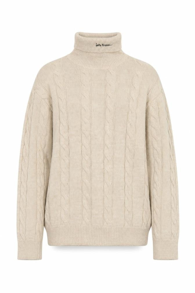 Front view of iets frans Women’s Beige Roll Neck Cable Knit Wool Jumper, size S