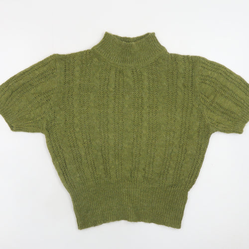 Cider Women's Green High Neck Cable-Knit Short Sleeve Jumper Size S