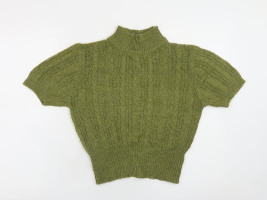 Cider Women's Green High Neck Cable-Knit Short Sleeve Jumper Size S