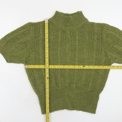 Cider Women's Green High Neck Cable-Knit Short Sleeve Jumper Size S