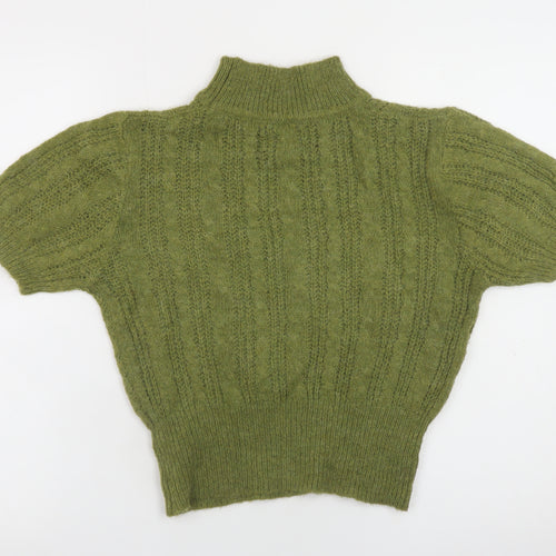 Cider Women's Green High Neck Cable-Knit Short Sleeve Jumper Size S