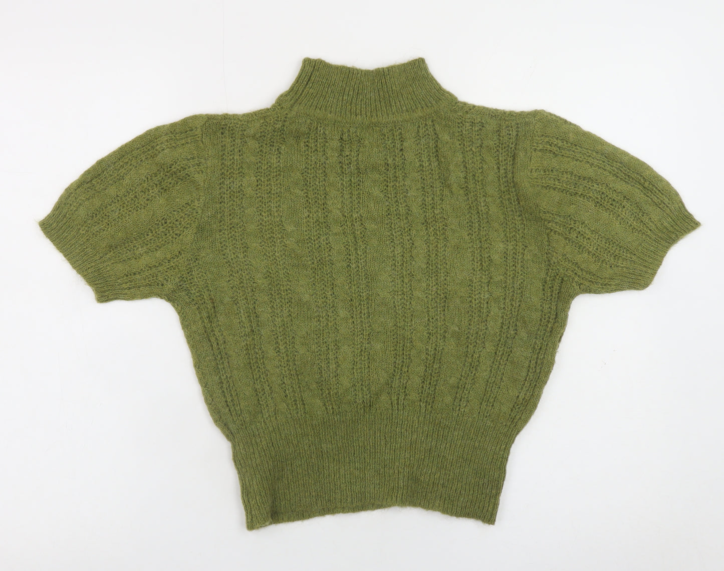 Cider Women's Green High Neck Cable-Knit Short Sleeve Jumper Size S