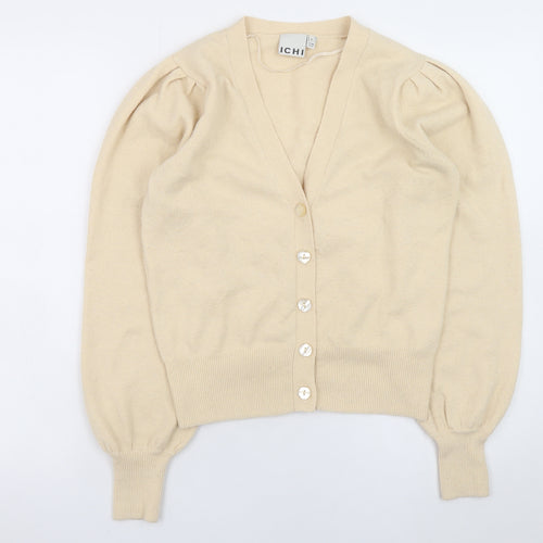 ICHI Womens Beige V-Neck Puff Sleeve Cardigan Size S