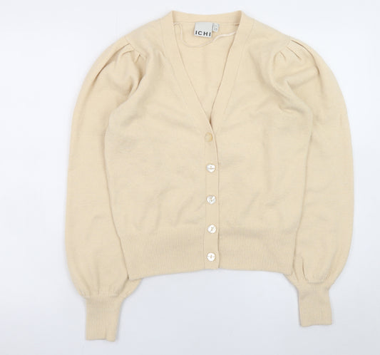 ICHI Womens Beige V-Neck Puff Sleeve Cardigan Size S