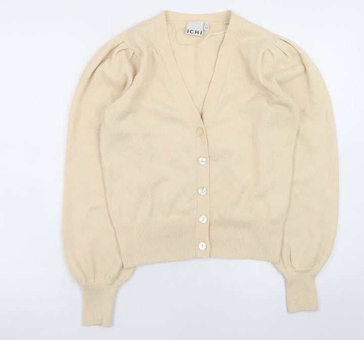 ICHI Womens Beige V-Neck Puff Sleeve Cardigan Size S