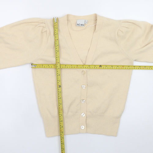 ICHI Womens Beige V-Neck Puff Sleeve Cardigan Size S