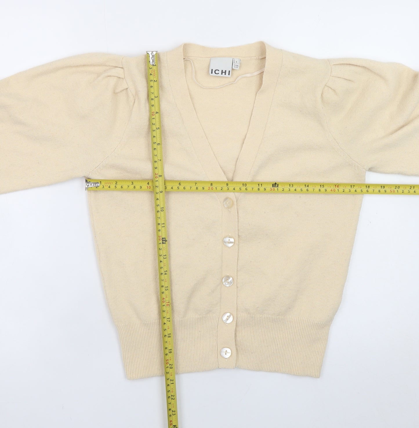 ICHI Womens Beige V-Neck Puff Sleeve Cardigan Size S