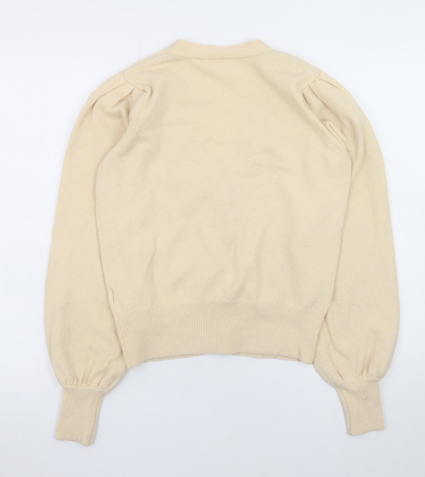 ICHI Womens Beige V-Neck Puff Sleeve Cardigan Size S