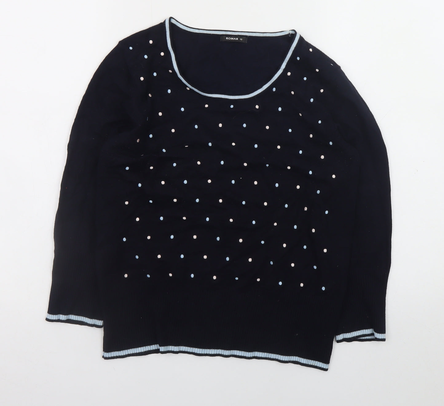 Roman Womens Blue Polka Dot Scoop Neck Long Sleeve Jumper Size 12