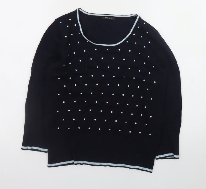 Roman Womens Blue Polka Dot Scoop Neck Long Sleeve Jumper Size 12