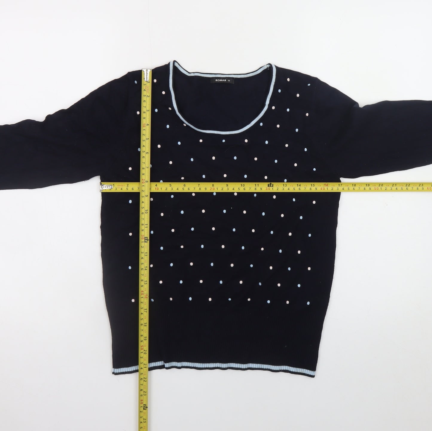 Roman Womens Blue Polka Dot Scoop Neck Long Sleeve Jumper Size 12