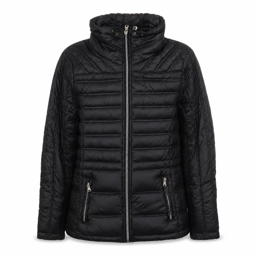 Front view of Jessica Simpson women’s black puffer jacket m hooded winter coat