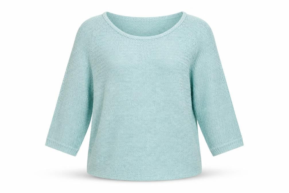 Front view of Damart Women Blue Open-Knit jumper, size 14, 3/4 Sleeve