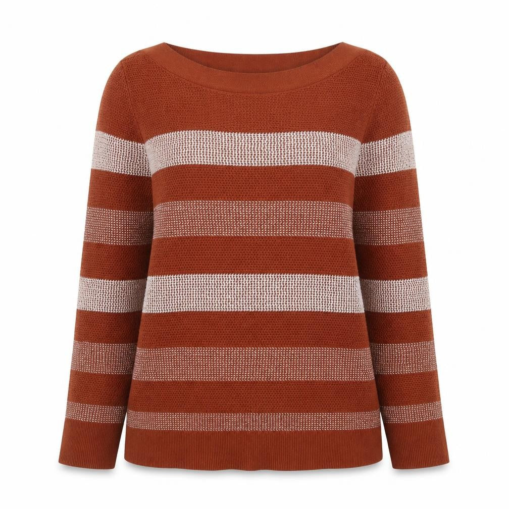 Front view of Market & Spruce Women's Brown Striped Knit jumper, size L