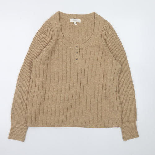 Marks and Spencer Women Beige Henley Jumper Medium Rib Knit Long Sleeve