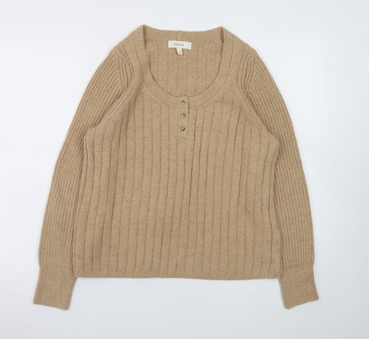 Marks and Spencer Women Beige Henley Jumper Medium Rib Knit Long Sleeve