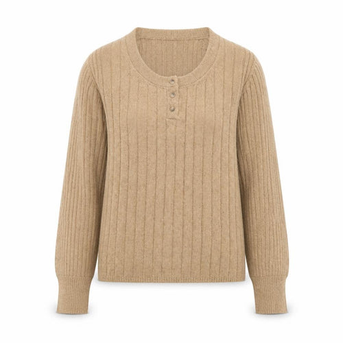 Marks and Spencer Women Beige Henley Jumper Medium Rib Knit Long Sleeve