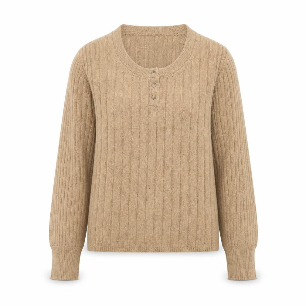 Marks and Spencer Women Beige Henley Jumper Medium Rib Knit Long Sleeve