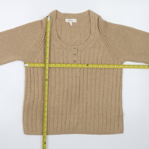 Marks and Spencer Women Beige Henley Jumper Medium Rib Knit Long Sleeve