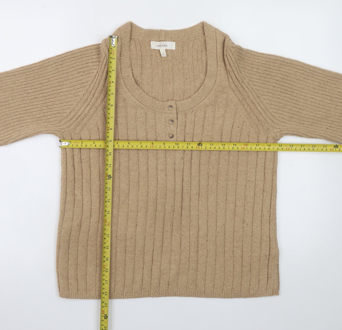 Marks and Spencer Women Beige Henley Jumper Medium Rib Knit Long Sleeve
