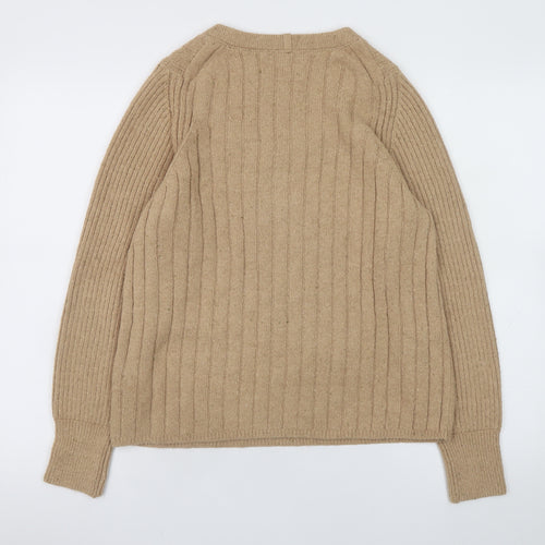 Marks and Spencer Women Beige Henley Jumper Medium Rib Knit Long Sleeve
