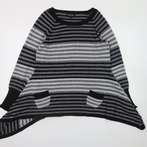 FEMME Women’s Grey Striped Tunic Jumper L Relaxed Fit Knit