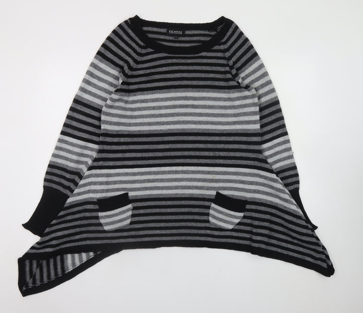 FEMME Women’s Grey Striped Tunic Jumper L Relaxed Fit Knit