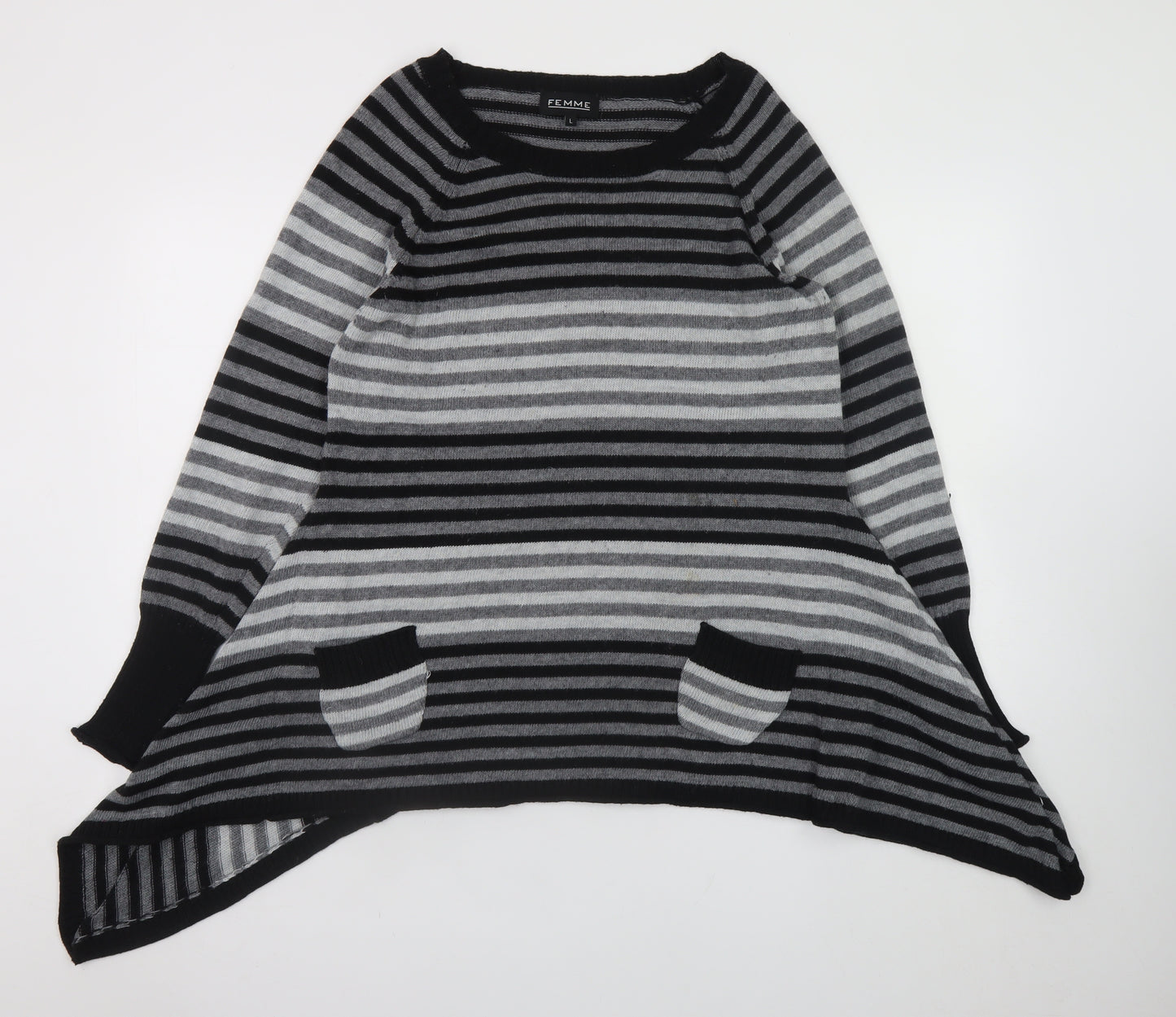 FEMME Women’s Grey Striped Tunic Jumper L Relaxed Fit Knit