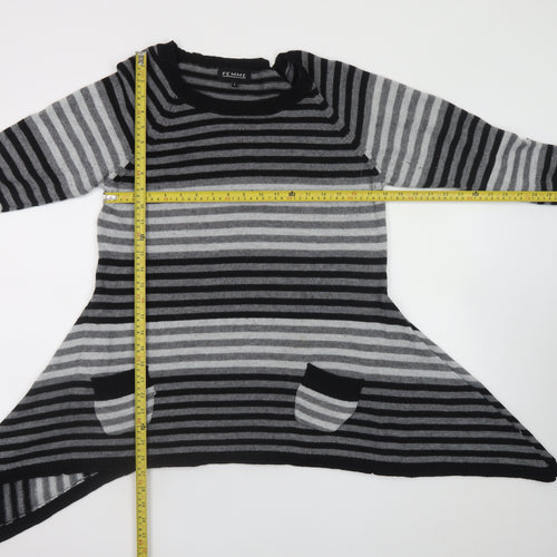FEMME Women’s Grey Striped Tunic Jumper L Relaxed Fit Knit