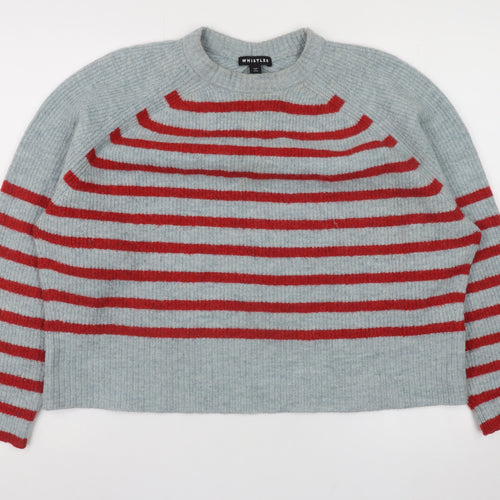 Whistles Women’s Grey Red Striped Wool Blend Relaxed Fit Jumper L