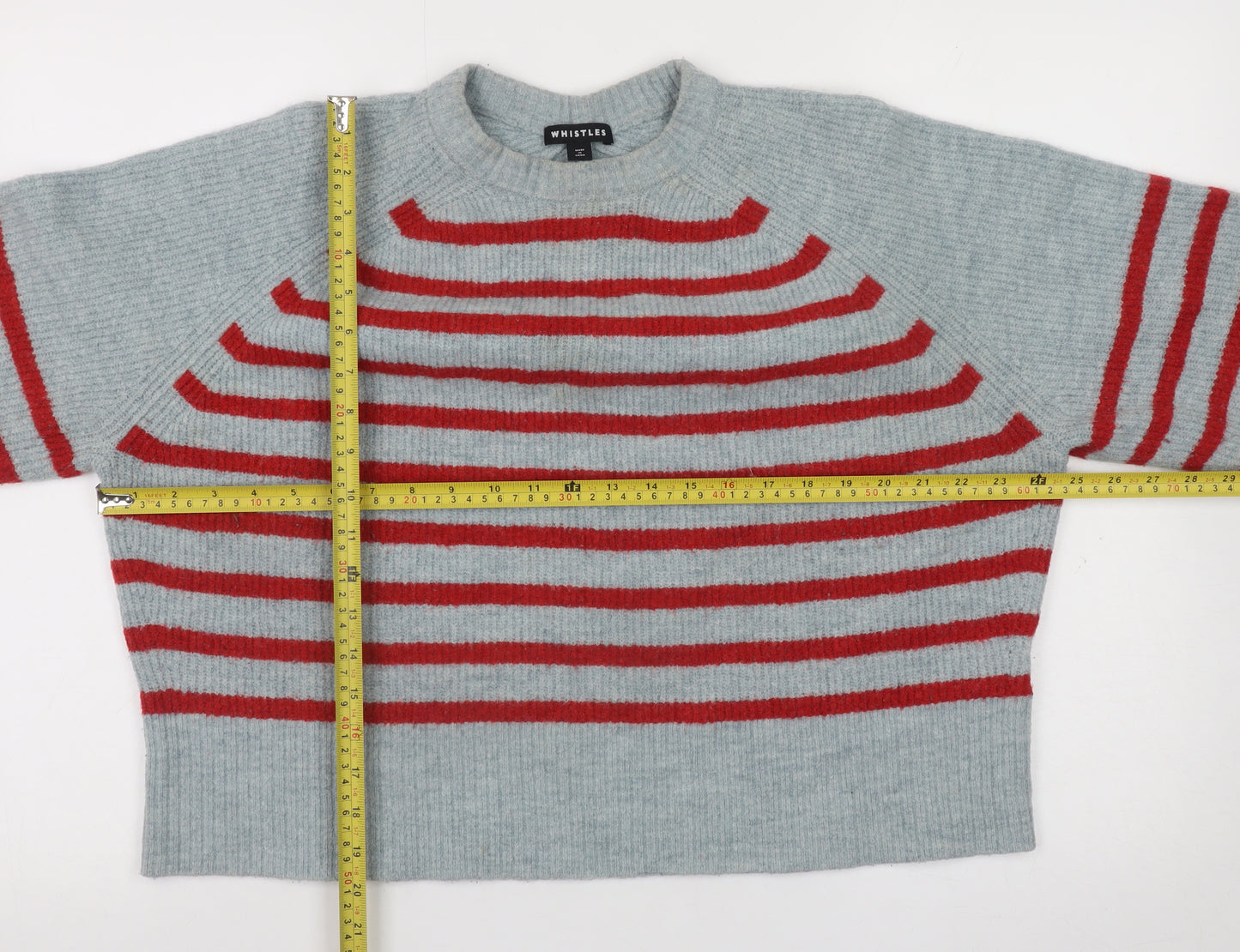 Whistles Women’s Grey Red Striped Wool Blend Relaxed Fit Jumper L