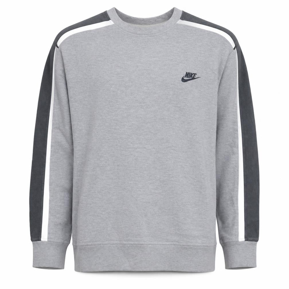 Front view of Nike men’s grey crew neck sweatshirt l embroidered logo classic style