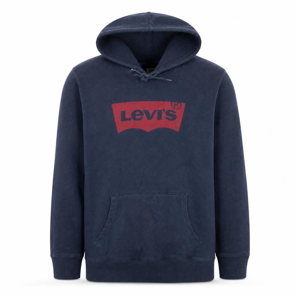 Front view of Levi's Men's Blue Pullover Hoodie L Logo Fleece Sweatshirt