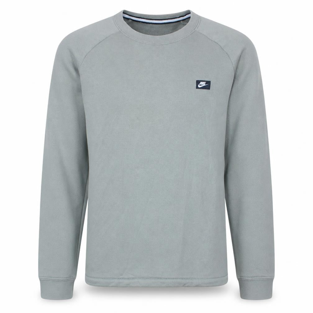 Front view of Nike men’s grey small pullover sweatshirt crew neck logo regular fit