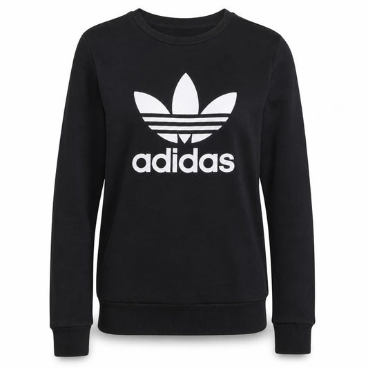 Front view of Adidas women’s black crew neck pullover sweatshirt, size UK 8