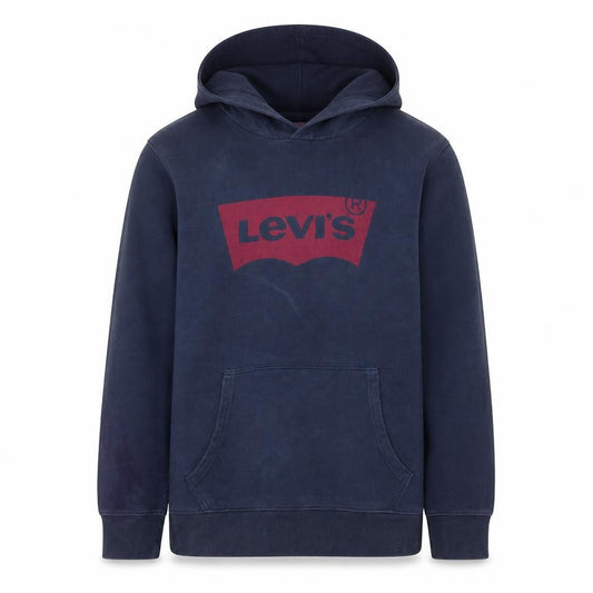 Front view of Levi's Men's Blue Pullover Hoodie Small Graphic Logo Fleece Sweatshirt