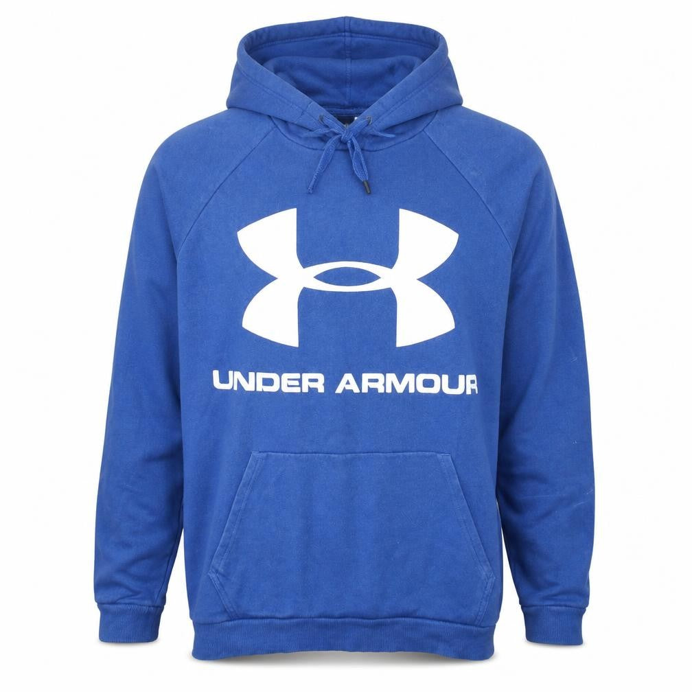 Front view of Under Armour men’s blue xl pullover hoodie sweatshirt with logo