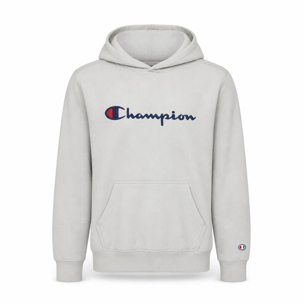 Front view of Champion Men's Beige Small Pullover Hoodie Logo Sweatshirt
