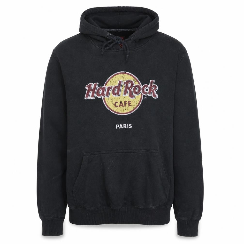 Front view of Hard Rock Cafe Paris men’s black pullover hoodie medium graphic