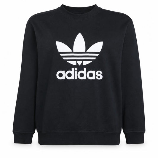 Front view of Adidas women’s black crew neck pullover sweatshirt, size UK 8, logo print
