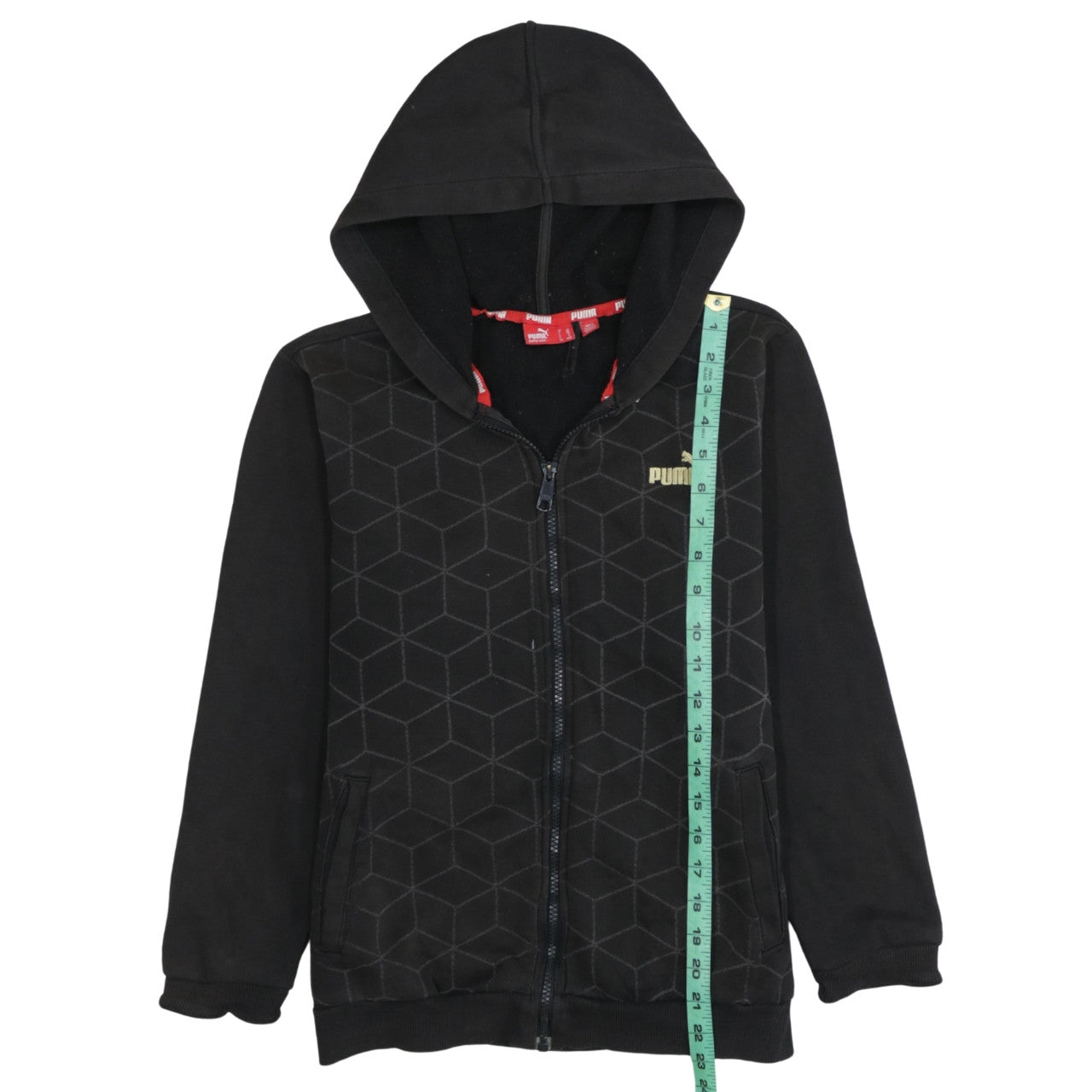 Puma Boys Black Full Zip Hoodie 12 Years Fleece Geometric Print