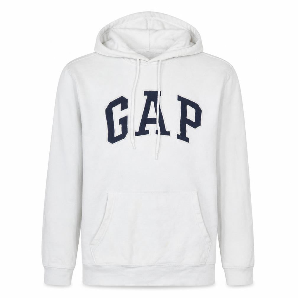 Front view of Gap men’s white xs pullover hoodie logo fleece sweatshirt