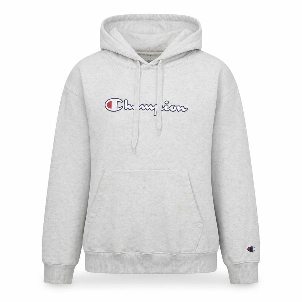 Front view of Champion Women's Grey Hoodie Large Pullover Logo Sweatshirt