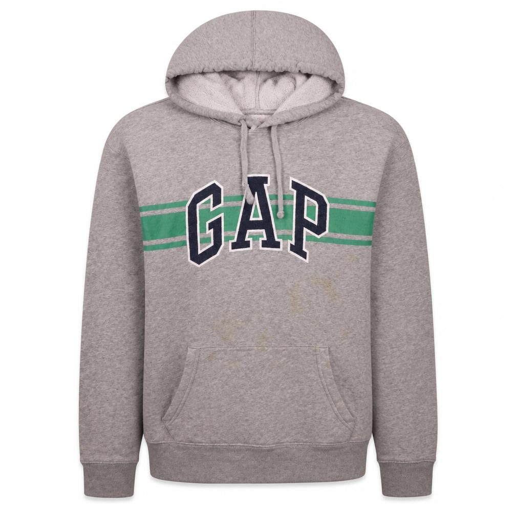 Front view of Gap Men's Grey Logo Pullover Hoodie, size L, Fleece Cotton Blend