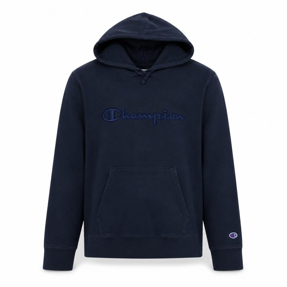 Front view of Champion men’s blue pullover hoodie l embroidered logo fleece