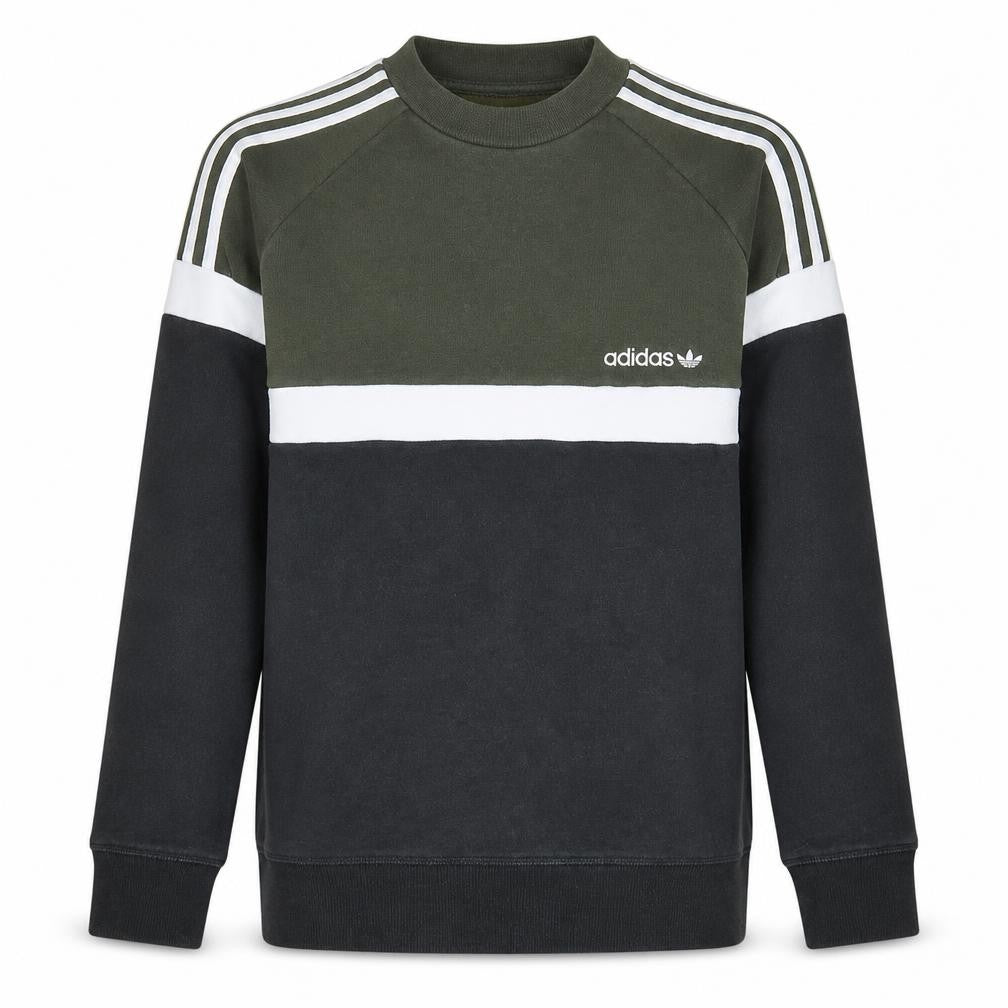 Front view of Adidas men’s green crew neck pullover sweatshirt, size S